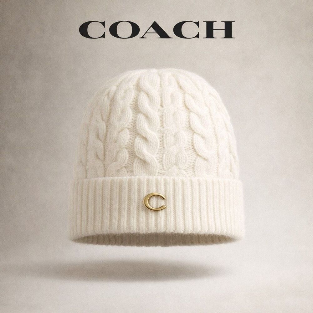 Coach Chalk Cable Knit Beanie Hat Gold C Logo NWT Winter Designer Cap